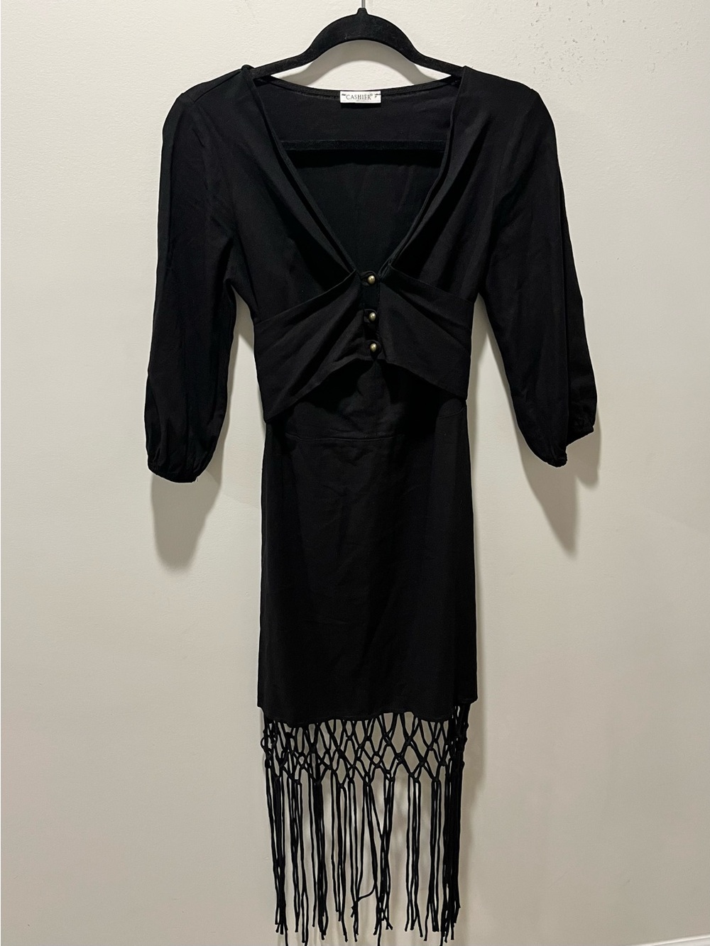 CASHIËR Black Linen Mini Dress with Macramé Fringe Front Tie 3/4 Sleeves M